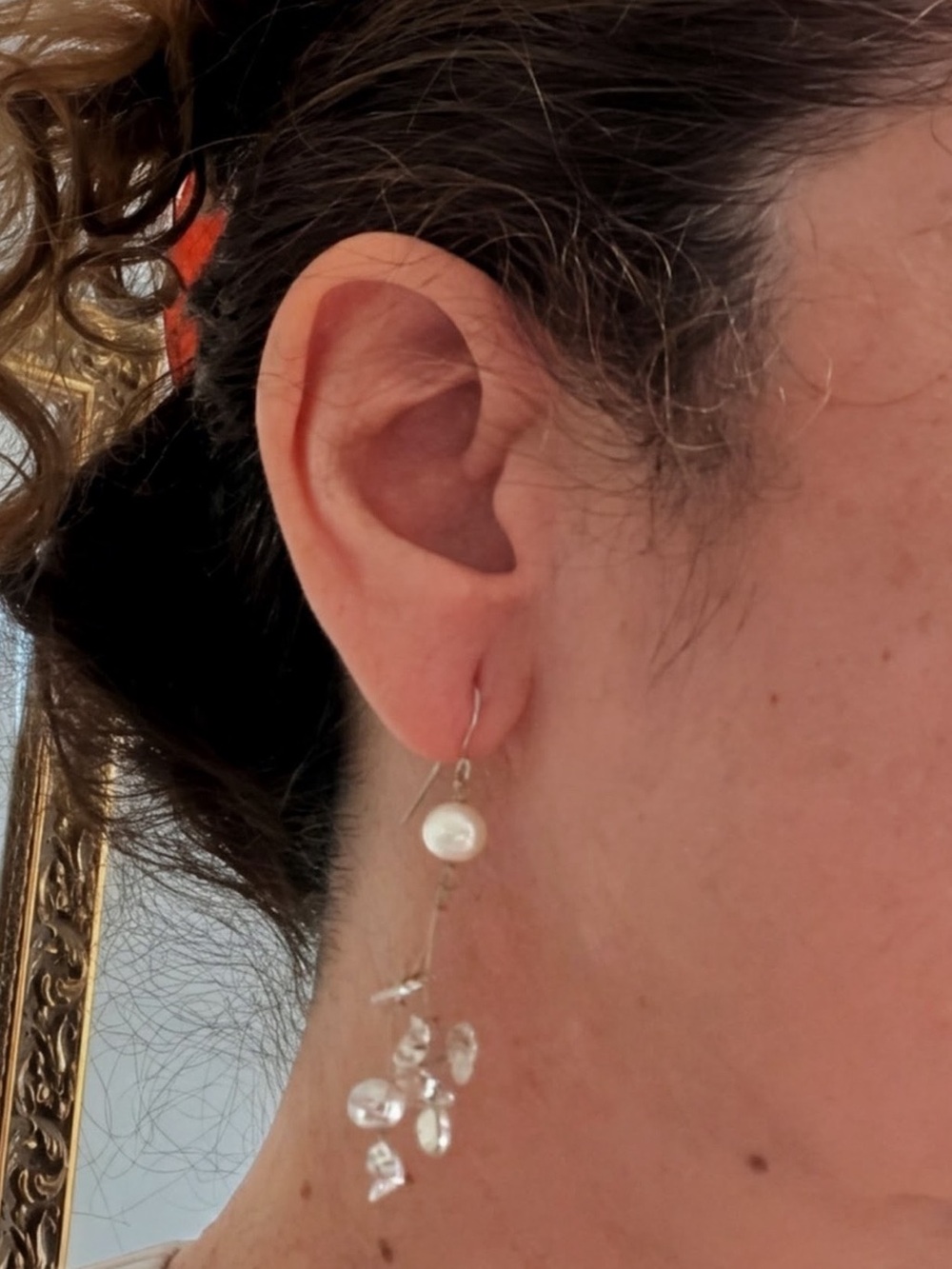Handmade Artisan Pearl & Crystal Chip Dangle Earrings — One of a Kind Pair